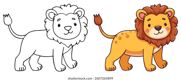 Lion Line Art Vector Outline Illustration Black and White with Coloring Sample