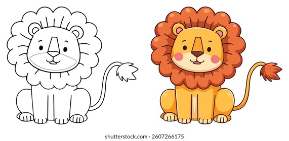 Lion Line Art Vector Outline Illustration Black and White with Coloring Sample
