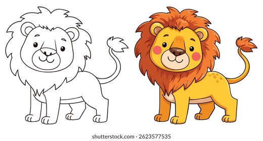 Lion Line Art Vector Outline Illustration Black and White with Coloring Sample