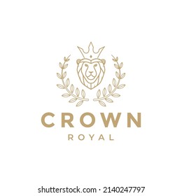 línea de león con diseño de logotipo de placa de corona y hoja, símbolo gráfico vectorial ilustración icono idea creativa