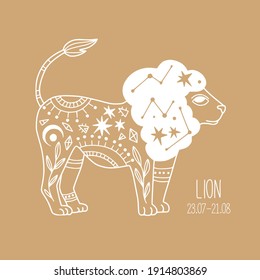Lion. Linear zodiac sign. Astrology concept. Doodle mystic outline animal. Boho abstract line art. Witch, esoteric symbols. Hand drawn illustration for print, poster, tattoo, cards, horoscope
