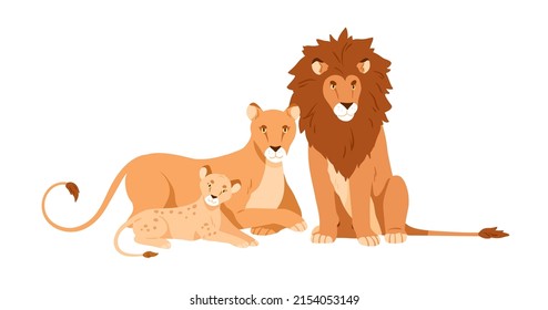 Lion, lioness and baby cub. Wild feline animals family. Leo father, mother and child lionet together, portrait. African jungle characters. Flat vector illustration isolated on white background