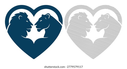 Lion and lioness head inside heart shape showing love affection romance wildlife.