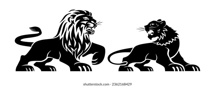 Lion and lioness logo template. Lion standing sign, emblem isolated on transparent background. Vector flat style for graphic and web design, logo, tattoo.