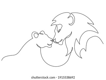 Lion with lioness in love. Lion family. Continuous one line drawing. Vector illustration. Line art