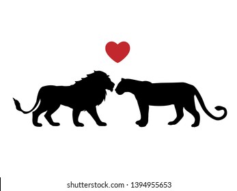 Lion and lioness love predator black silhouette animal. Vector Illustrator.