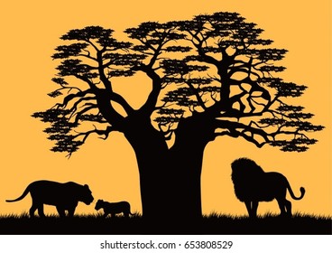A lion and a lioness near the baobab.