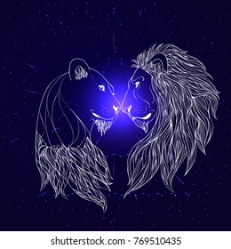 Lion and Lioness nosing on the cosmic background. Zen vector illustration