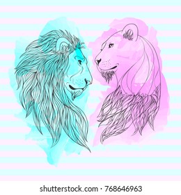 Lion and Lioness nosing on watercolor background. Zen vector illustration