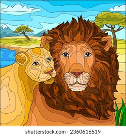 Lion and lioness on safari. Colorful bright illustration. Coloring book for children and adults.