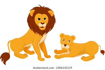 Lion and lioness on a white background. Vector illustration.