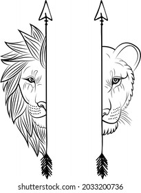 Lion And Lioness Outlines Halfs