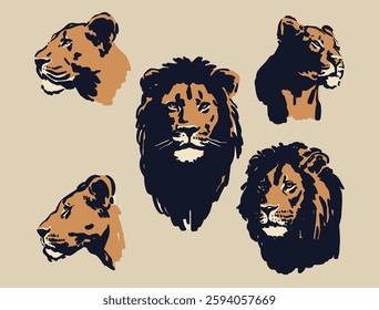 Lion and Lioness Portrait Hand Drawn Illustration Vector Set African Animals Safari