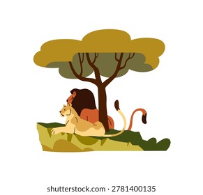 Lion and lioness are resting in shade of tree together. Pride of African animals relaxes. Safari in savannah. Couple of predators is lying. Flat isolated vector illustration on white background