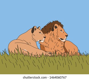 A lion with a lioness sitting on a meadow. hand drawn style vector design illustrations. 