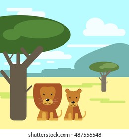 Lion and Lioness sitting under a tree in the savannah . Animals of Africa. Vector illustration of a flat