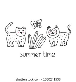 Lion with lioness. Summer time.  Hand drawn vector icon illustration design in scandinavian, nordic style. Best for nursery, childish textile, apparel, poster, postcard.