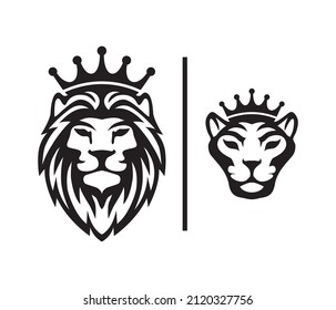 Lion and lioness. Vector head, muzzle of animals. Logo, sign, symbol. WC icon set. Toilet sign collection for public navigation. International restroom symbol.