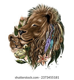 Lion. Lions family. Color, graphic, hand-drawn portrait of a lion looking ahead on a black background. Lion. Artistic, color, realistic portrait of a lion's head on a black background with watercolor