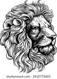 A lion lions Head looking regal or majestic in a retro vintage woodcut engraving style