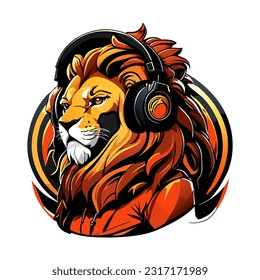 Lion listens to music on headphones. Vector lion head with headphones logo on white background.