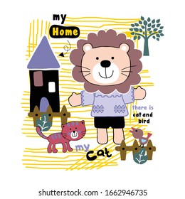 lion with little friend funny animal cartoon,vector illustration