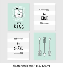 Lion Little King, be brave, be kind, tribal arrows vector illustrations. Set of cute designs for posters for baby room, greeting card, baby shower invitation.