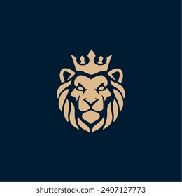 Lion logo. Bushy leo face with crown. Black and gold color sign. Royal cat icon. Vector illustration.