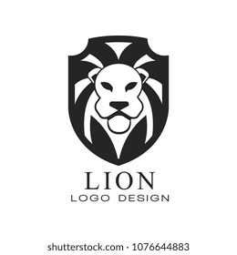 Lion logo, classic vintage style design element, shield with heraldic animal, black and white vector Illustration on a white background