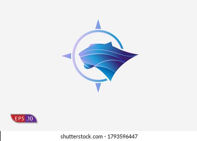 lion Logo, compass and lion head combination in gradient blue colour, 3d abstract modern logo design template, vector illustration