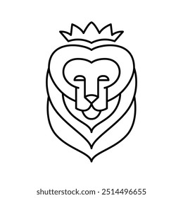 Lion logo with a crown or modern line icon. Vector line art design with bold outline. Black and white Pixel Perfect minimalistic symbol isolate white background