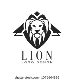 Lion logo design, black and white element for poster, banner, emblem, badge, tattoo, t shirt print, classic vintage style vector Illustration on a white background