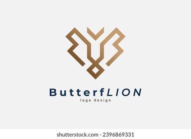 Lion logo design. butterfly and lion head combination in gold color. usable for brand and business logos. flat design logo template element. vector illustration
