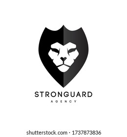 Lion Logo Design. Combination of lion and shield logo with negative space style. Premium and modern security sign. Strong guard animal emblem. Black and white symbol of security and protection vector