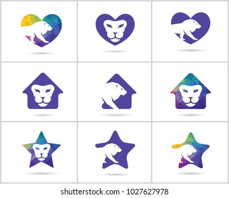 Lion logo design set, Colorful Wildlife animal vector icons, low poly lion in heart, home and star vector illustration.