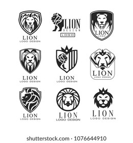 Lion logo design set, design element for poster, banner, emblem, badge, tattoo, t shirt print, classic vintage style vector Illustrations on a white background