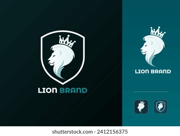 Lion Logo Design Vector Template.
Modern Abstract Royal Lion Brand Logo Illustration with Shield, Crown icon. Strength, King, Brave, Beast, Lio, hunting, predator, regal, Sign or Symbol Logo Element.