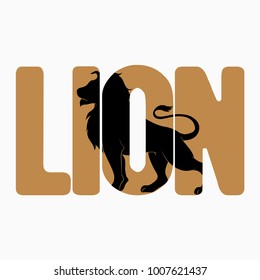 Lion logo with double exposure. Animal silhouette with text. Modern trendy illustration for poster. Vector.