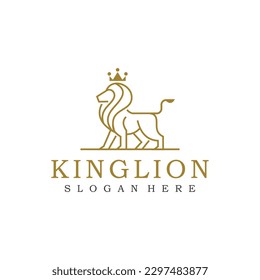 Lion logo emblem. Gold king lion icon. Luxury crown animal silhouette symbol. Vector illustration.