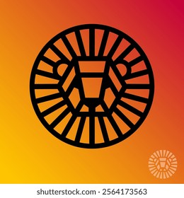 Lion logo. The golden head of a lion with rays into circle look like the sun. Geometric mascot.