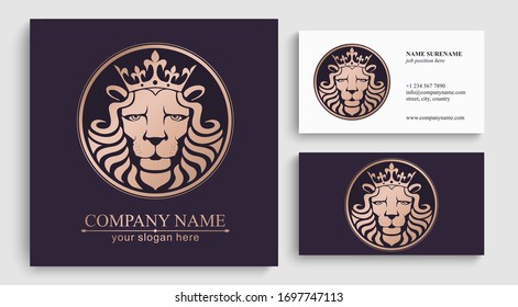 Lion logo. Lion head with crown - vector illustration, emblem design. Universal company symbol. Heraldic premium icon 