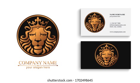 Löwenlogo. Löwenkopf mit Krone - Vektorillustration Illustration, Emblem Design. Universelles Firmenzeichen. Heraldisches Premium-Symbol 