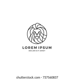 Lion Logo Head Hair Round Circle Emblem Label Line Art Outline Vector Icon