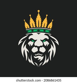 lion logo. Leo face with gold color marijuana crown. Royal cat icon. Vector illustration.