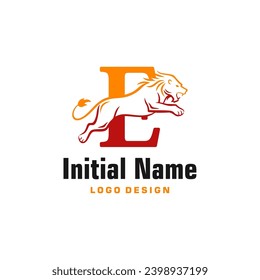 Lion Logo of Letter E business name, tiger brave icon clipart vector.