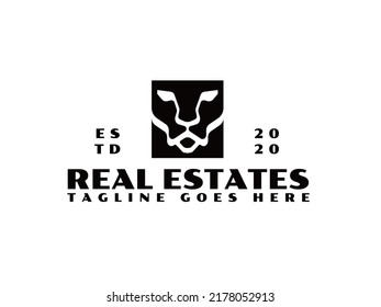 Marca del logotipo del león. Resumen del logo de la silueta de león negro. Identidad de marca comercial audaz de lujo