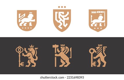 Lion logo mark icon set. Royal brand identity symbol design collection. Heraldic animal crown shield emblems. Vector illustration.