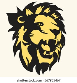 Lion logo. Mascot head, wild animal portrait emblem, predator face silhouette, Hand drawn cat Emblem t-shirt design. Vector