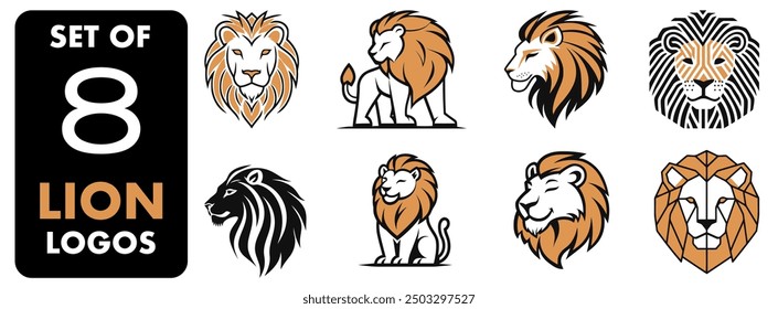 Conjunto de logotipos de león, 8 Diseños únicos - Ilustración vectorial plana