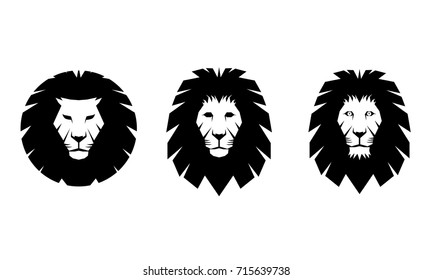 Lion logo set, black and white lion head, cartoon flat-style vector illustration.